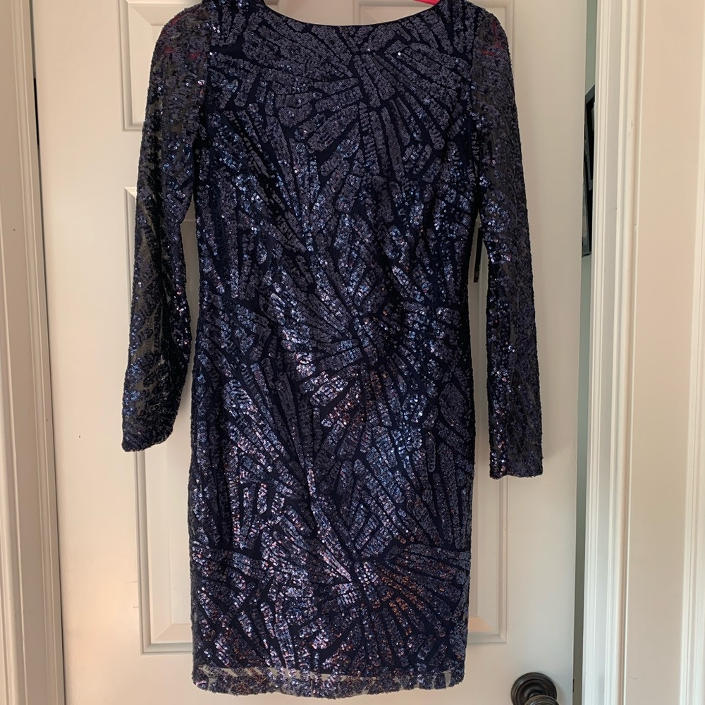 Marina long sleeve navy blue sequin cocktail dress